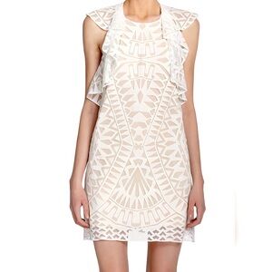 BCBGMaxazria Jenni Ruffle-Shoulder Racerback Dress white nude lace dress size XS